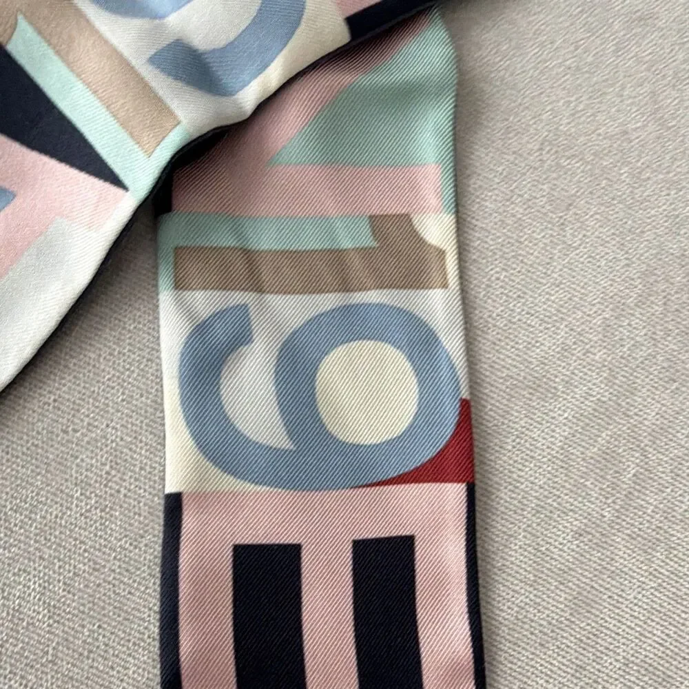 Chanel 100% Silk Slim Bandeau Scarf Navy Blue Pink Letter Print Logo Twilly